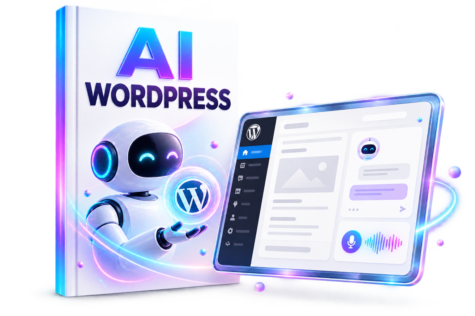 Neonowy mockup instrukcji AI WordPress z agentem AI na ekranie